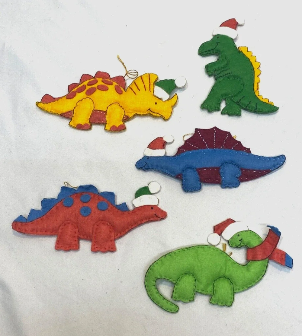 5 Felt Hand Made Vintage Dinosaur Ornaments